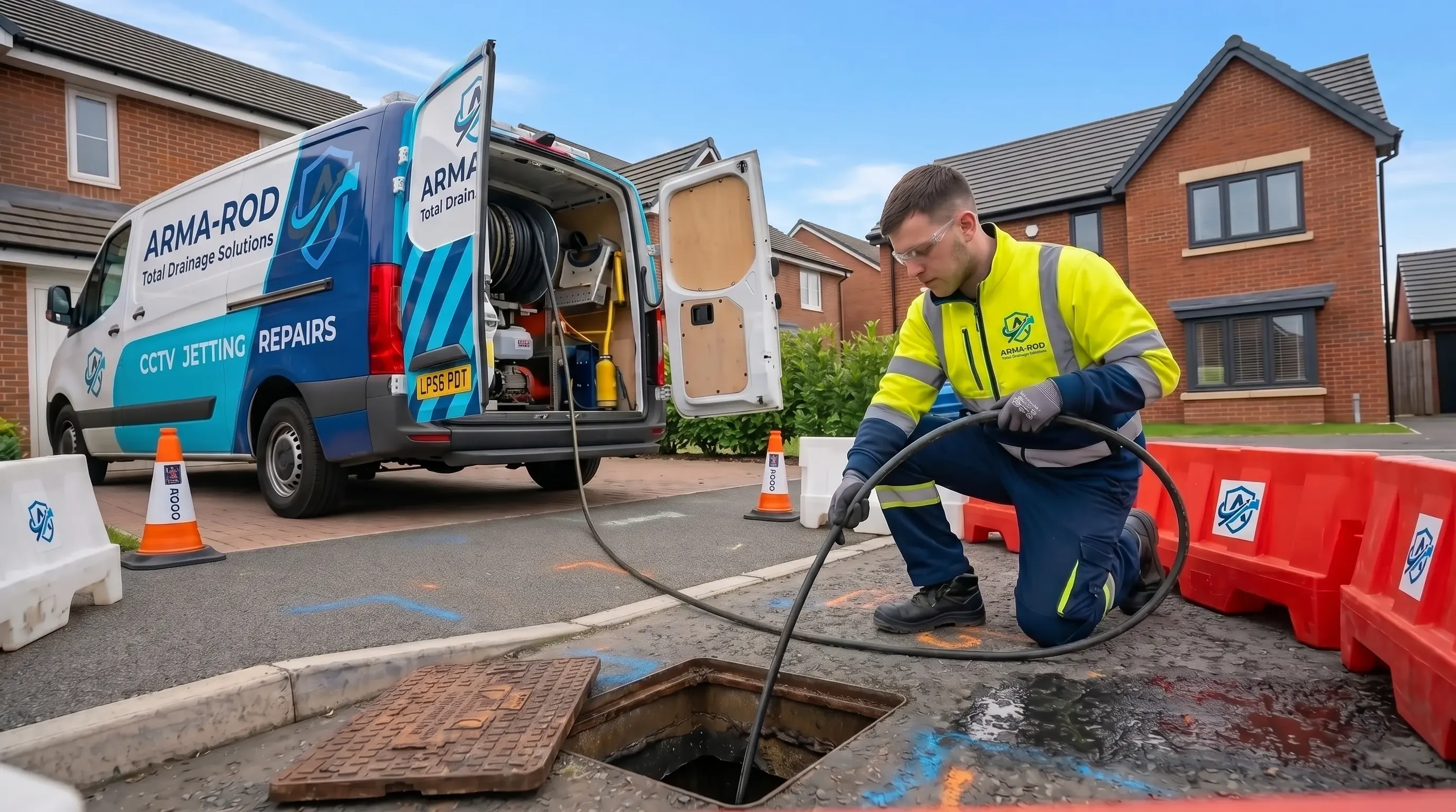Engineer performing high-pressure drain jetting